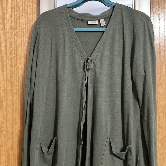 LOGO Lori Goldstein green open cardigan with tie size Medium front pockets - Picture 2 of 11